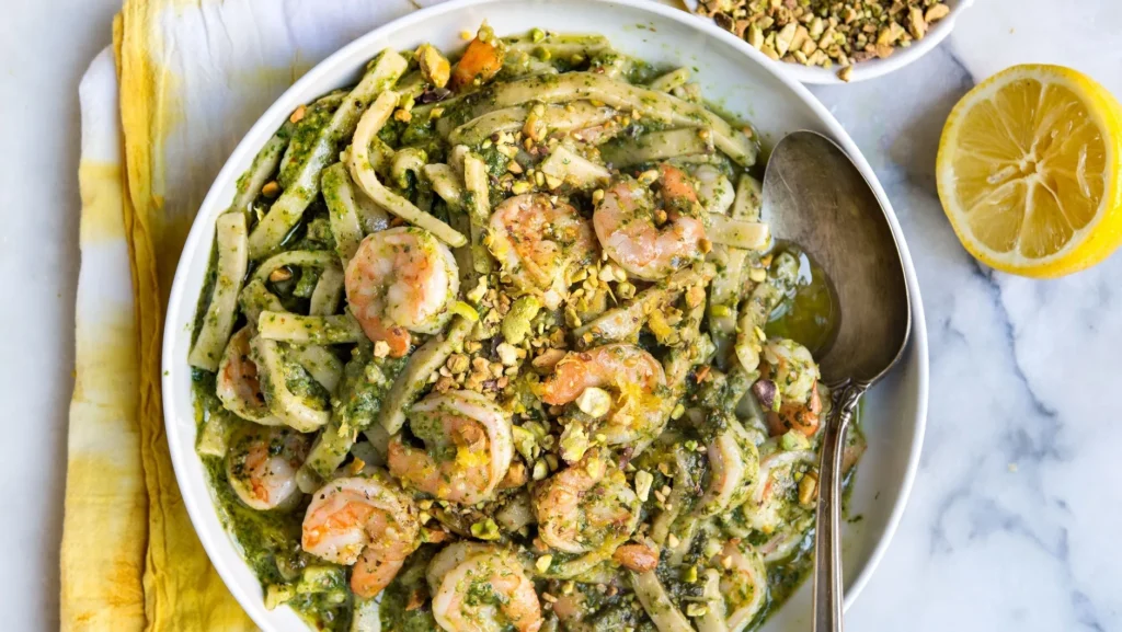 Pasta with Shrimp and Pistachio Pesto